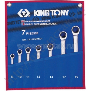 Набор комбинированных трещоточных ключей, 8-19 мм, чехол из теторона, 7 предметов KING TONY